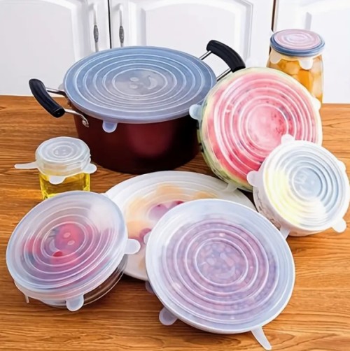 6팩 실리콘 탄성 뚜껑, 재사용 가능한 내구성 있는 식품 보관용 접시 커버, BPA 프리, 식기 세척기 및 냉장고 안전, 주방 액세서리